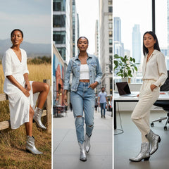 Tuhoomall Western Ankle Booties with Snip-Toe and Chunky Heel for Fashion Casual Parties, Embroidery Design with Metallic Inlay, Slip-On Style