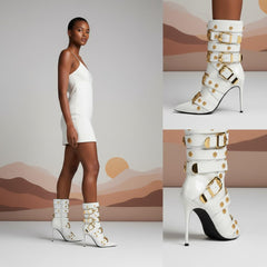 Tuhoomall Fashion Stiletto Mid Calf Boots With Pointed Toe And Zipper Closure, Multi-Strap Design Featuring Buckle And Hardware Accessories For Party And Street Wear