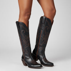 Tuhoomall Western Style Knee-High Boots, Embroidered Vegan Leather, 5.5cm Chunky Heel, Fashion Casual for All Seasons