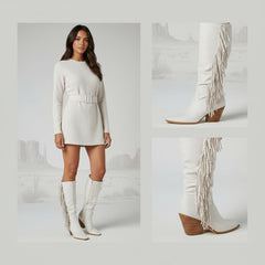 Tuhoomall Western Knee High Boots with Fringe, Round Toe, Chunky Heels for Stylish Casual Fashion, All Season Comfort