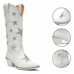 Tuhoomall White Cowgirl Boots With Rhinestones, Pointed Toe, Chunky Heel 6cm, Fashion Casual Style For Travel, Weddings, Year-Round Wear