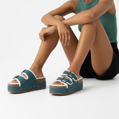 Tuhoomall Blue Faux Suede Fur-Lined Studs Double Buckle Strap Round Platform Cork Sandals Slippers