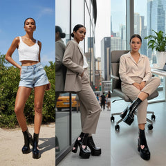 Tuhoomall Chunky Heeled Ankle Boots for Women, Heart Pattern, Zipper Closure, All-Season Fashion, Perfect for Parties and Travel