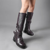 Tuhoomall Knee-High Stylish PU Combat Boots for Women with Adjustable Buckles and Metallic Accents, Casual and Formal Wear, Comfortable Low Chunky Heel