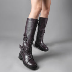 Tuhoomall Knee-High Stylish PU Combat Boots for Women with Adjustable Buckles and Metallic Accents, Casual and Formal Wear, Comfortable Low Chunky Heel