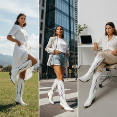 Tuhoomall Western Cowgirl Mid Calf Boots with Chunky Heel, Pointed Toe, Embroidered Design, Slip-On Style for Fashionable Casual Wear