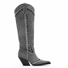 Tuhoomall Western Style Knee High Boots for Women, Retro Chunky Heels, Distressed Denim, Chic Pointed Toe, All-Season Slip-On Comfort