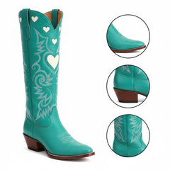 Tuhoomall Western Knee High Boots With Rubber Sole, 5cm Chunky Heel, Embroidered Sweet Pink Hearts For Casual Fashion All Year Round