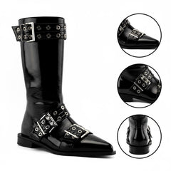 Tuhoomall Comfortable Mid-Calf Boots For Parties & Daily Wear With Adjustable Buckles, Zipper And Metal Accents - Casual All-Season Fashion Footwear
