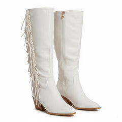 Tuhoomall Western Knee High Boots with Fringe, Round Toe, Chunky Heels for Stylish Casual Fashion, All Season Comfort