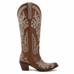 Tuhoomall Western Cowgirl Boots, Slip-On Mid Calf with Chunky Heel, Floral Embroidery for Parties and Casual Wear