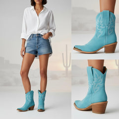 Tuhoomall Western Style Ankle Boots For Women, Vintage Plain Leather, Low Heel, Casual Chic, All-Season Fashion, Unique Embroidery Design