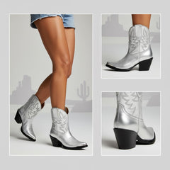 Tuhoomall Western Style Ankle Boots For Women, Vintage Plain Leather, Low Heel, Casual Chic, All-Season Fashion, Unique Embroidery Design