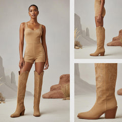 Tuhoomall Western Knee High Boots with Embroidered Design, 2.25 Inch Chunky Heel, Perfect for Fashion, Travel, Parties and Everyday Wear