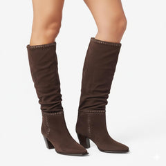 Tuhoomall Knee-High Ruffle Fashion Boots for Women, Chunky Heel, Slip-On, Stylish All-Season Wear