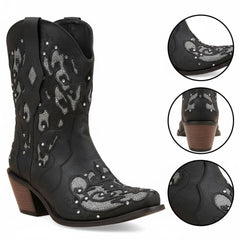 Tuhoomall Colorful Plaid Short Ankle Boots for Women, Chunky 5cm Heel, Slip-On Design, Stylish Sparkling Embellishments, All-Season Comfort