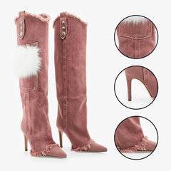 Tuhoomall Knee High Boots with Faux Fur and Metallic Buckles for Vintage Parties and Casual Outings Tuhoomall