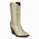 Tuhoomall Western Style Chunky Heel Boots for Women, 10cm Faux Suede with Rivet and Rhinestone Accents, Easy Zipper Closure for Parties and Performances