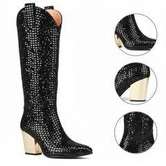 Tuhoomall Rhinestone Western Mid-Calf Boots for Women, Stylish 3.15 in Chunky Heel, Vegan Suede, Perfect for Parties and Performances