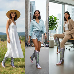 Tuhoomall Western Cowgirl Mid Calf Boots with Snip-Toe and Chunky Heel for Fashion Parties and Performances, Animal Pattern, Metallic Bright Surface