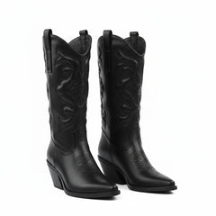 Tuhoomall Comfortable Western Boots for Women – 6cm Low Chunky Heel, Slip-On Design with Floral Embroidery - Fashionable All-Season Style