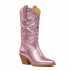 Tuhoomall Comfortable Western Boots for Women – 6cm Low Chunky Heel, Slip-On Design with Floral Embroidery - Fashionable All-Season Style