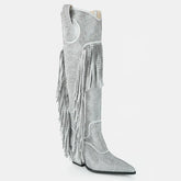 Tuhoomall Knee High Suede Boots For Women With Chunky Heel, Pointed Toe, Tassel And Rhinestones, Perfect For Fashion, Casual And Outdoor Wear Tuhoomall