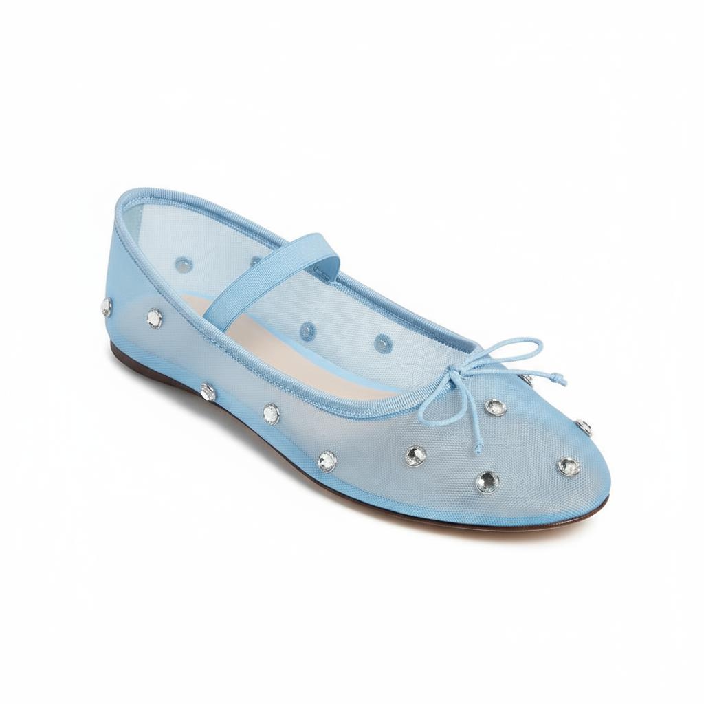 Tuhoomall Comfortable Rhinestone Ballet Flats for Women - Casual Blue Mesh Slip-On Shoes with Low Heel and Round Toe Tuhoomall