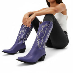 Tuhoomall Western Ankle Boots for Women, Chunky Heel, Rhinestone Embroidery, Slip-On, All-Season Comfortable Casual Style