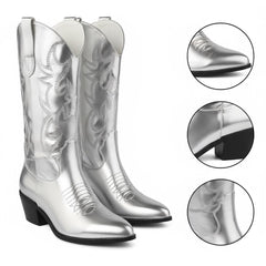 Tuhoomall Western Chunky Heel Women's Cowboy Boots, Comfortable Slip-On, Retro Embroidered Design, Non-Slip Sole for Travel and Casual Wear