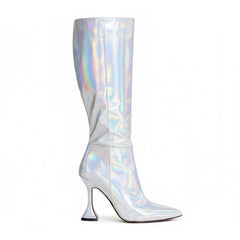 Tuhoomall Iridescent Mid Calf Stiletto Heeled Boots for Parties and Performances, Fashionable Vegan Leather, Pointed Toe, Easy Slip-On, 9.5cm Height