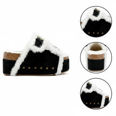 Tuhoomall Blue Faux Suede Fur-Lined Studs Double Buckle Strap Round Platform Cork Sandals Slippers