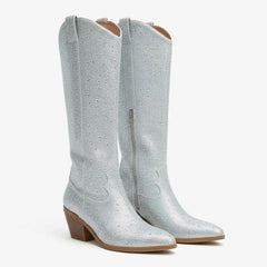 Tuhoomall Rhinestone Western Mid Calf Boots For Women - Chunky Heel & Easy Zip Closure, Stylish For Travel And Weddings Tuhoomall