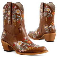 Tuhoomall Stylish Western Ankle Boots with Floral Embroidery, Rubber Sole, Chunky 5cm Heel for Classic and Casual Looks