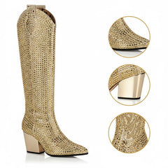 Tuhoomall Rhinestone Western Mid-Calf Boots for Women, Stylish 3.15 in Chunky Heel, Vegan Suede, Perfect for Parties and Performances