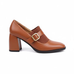 Tuhoomall Mary Jane High Heel Loafers for Women, 7.5 cm Chunky Heel, All-Season Fashion, Pure Leather, Comfortable Slip-On Design