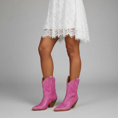 Tuhoomall Rhinestone Embellished Ankle Boots for Women, Chunky Heel 6.5 cm, Slip-On Pointed Toe Short Booties for Parties and Weddings