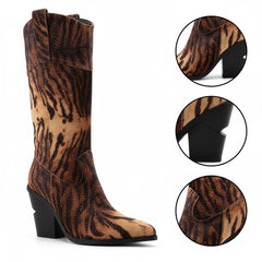 Tuhoomall Leopard Print Knee High Boots for Women, Stylish Chunky Heels, Slip-On Design, Ideal for Performance and Casual Wear