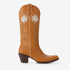 Tuhoomall Western Floral Embroidered Slip-On Mid-Calf Boots - 6 cm Chunky Heel for All-Season Comfort and Style
