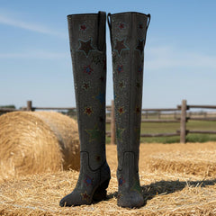 Tuhoomall Western Rhinestone Over-The-Knee Boots for Women, 9.5 cm Irregular Heels, Sparkling Slip-On Stylish Casual Footwear