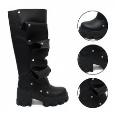 Tuhoomall Gothic Knee-High Boots for Women, Comfortable Chunky Heel, Stylish Slip-On Design for Casual Street Outings