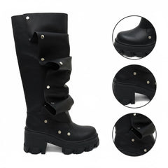 Tuhoomall Gothic Knee-High Boots for Women, Comfortable Chunky Heel, Stylish Slip-On Design for Casual Street Outings Tuhoomall