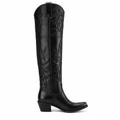 Tuhoomall Western Over-the-Knee Boots for Women, Chunky Heel, Snip-Toe, Embroidered, Slip-On, Distressed Style for Parties and Casual Outings