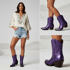 Tuhoomall Western Style Ankle Boots For Women, Vintage Plain Leather, Low Heel, Casual Chic, All-Season Fashion, Unique Embroidery Design