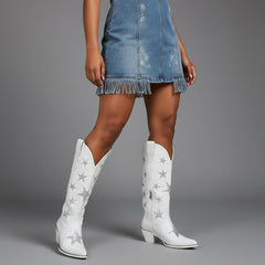 Tuhoomall White Cowgirl Boots With Rhinestones, Pointed Toe, Chunky Heel 6cm, Fashion Casual Style For Travel, Weddings, Year-Round Wear