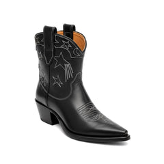 Tuhoomall Western Cowboy Ankle Boots for Women, Vegan Leather, Chunky 2" Heel, Snip Toe Design, Stylish Star Appliqué, All-Season Fashion