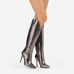 Tuhoomall Knee-High Fashion Boots for Parties and Performances with 10.7cm Metallic Glossy Stiletto Heels and Pointed Toe Design