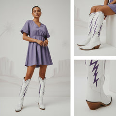 Tuhoomall Western Cowgirl Mid Calf Boots with Chunky Heel, Pointed Toe, Embroidered Design, Slip-On Style for Fashionable Casual Wear