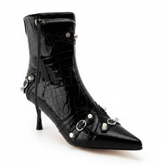 Tuhoomall Stylish Women's Ankle Boots with Zipper, Fringe and Studs for Parties and Casual Outings, Comfortable 3.55 Inch High Heels