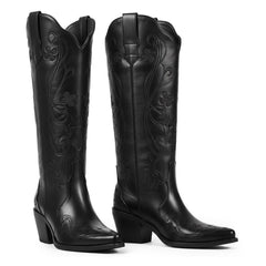 Tuhoomall Tuhoomall Western Knee-High Boots for Women, Floral Embroidered Design, Perfect for Parties, Office, and Casual Wear, 7.5 cm Classic Mid Chunky Heel